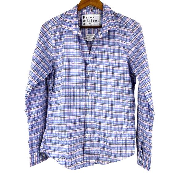 Frank & Eileen NWOT Barry Crinkle Plaid Blue Pink Button Up LS Shirt Size L - Picture 2 of 10